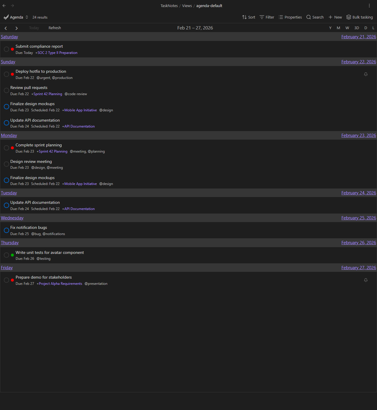 Agenda view showing tasks grouped by day