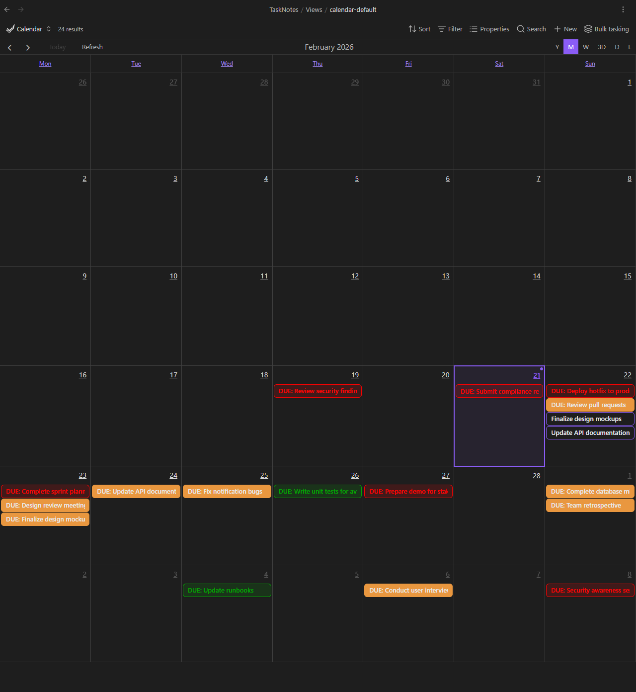 Calendar month view with tasks placed on dates