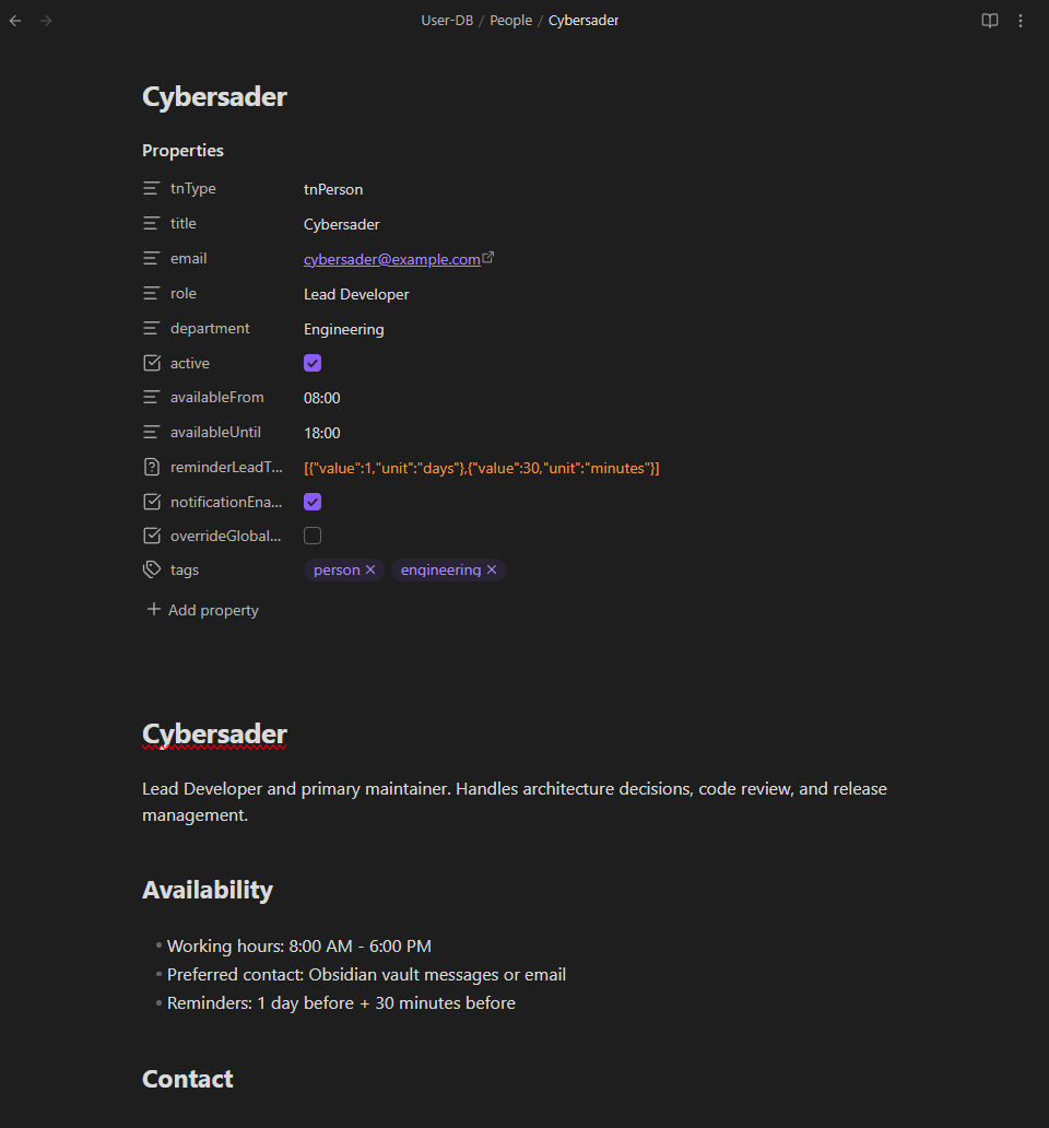 Person note showing role and contact information