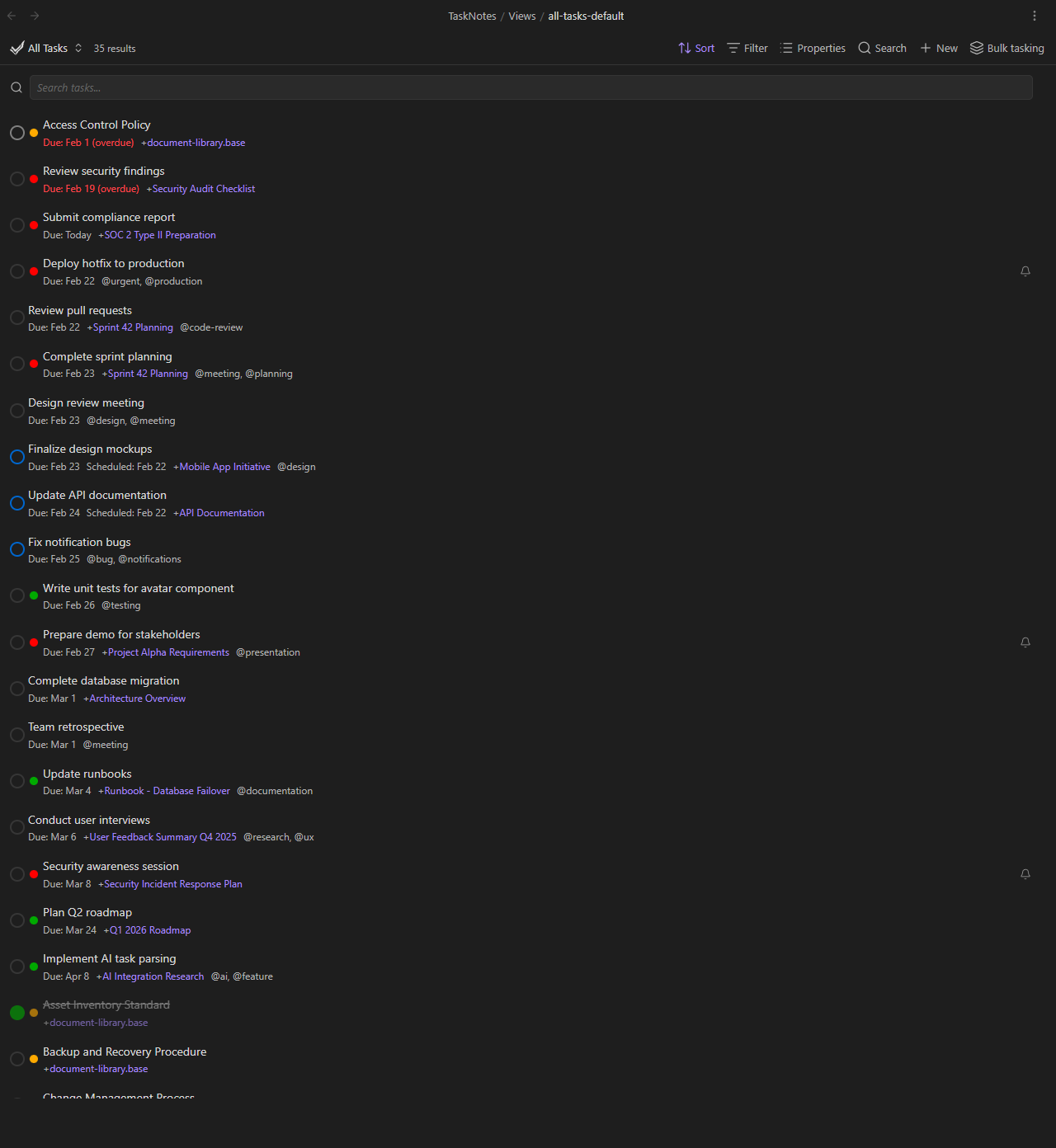 Task list view showing the development vault with test data