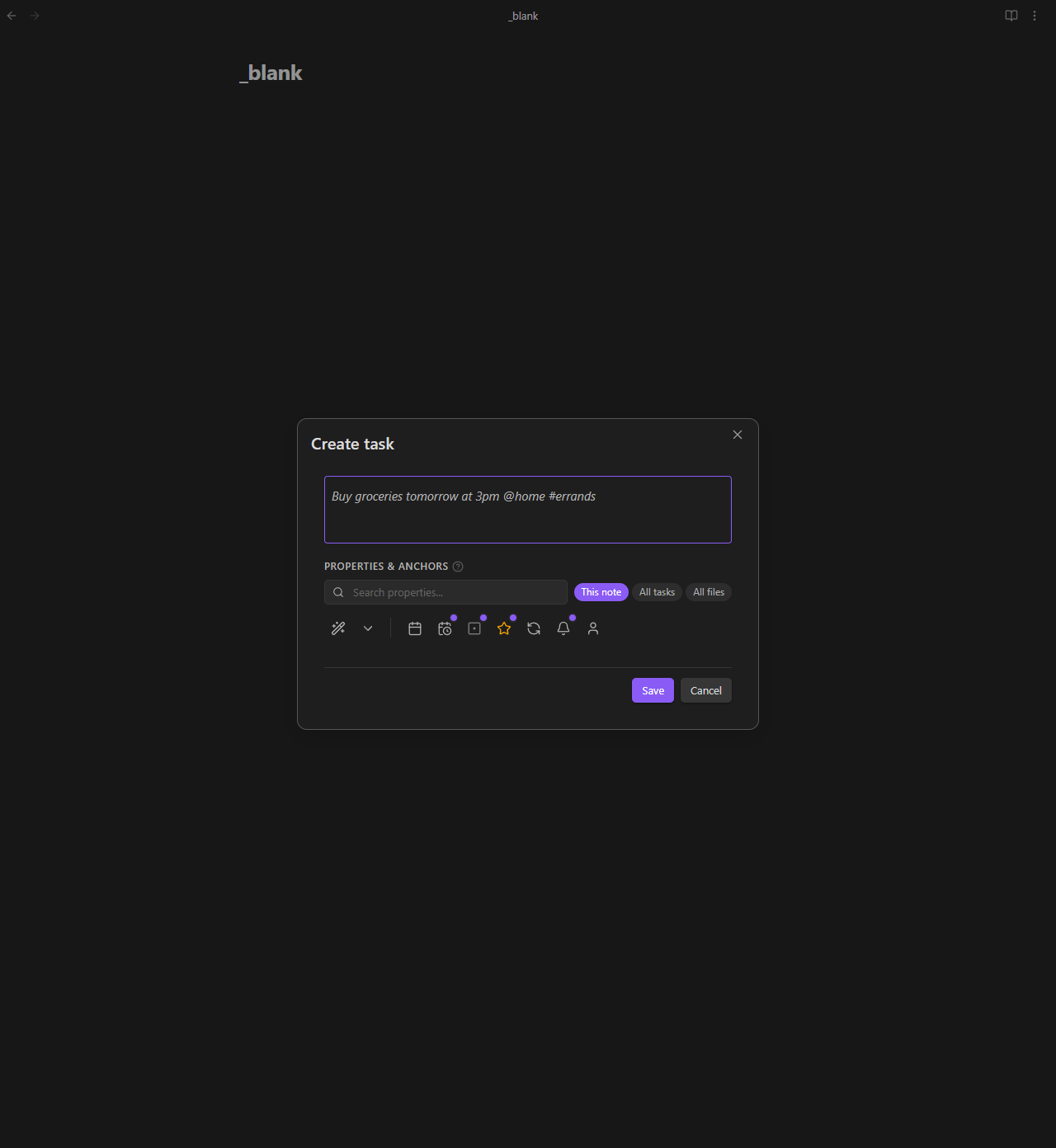 Task creation modal with mapped fields