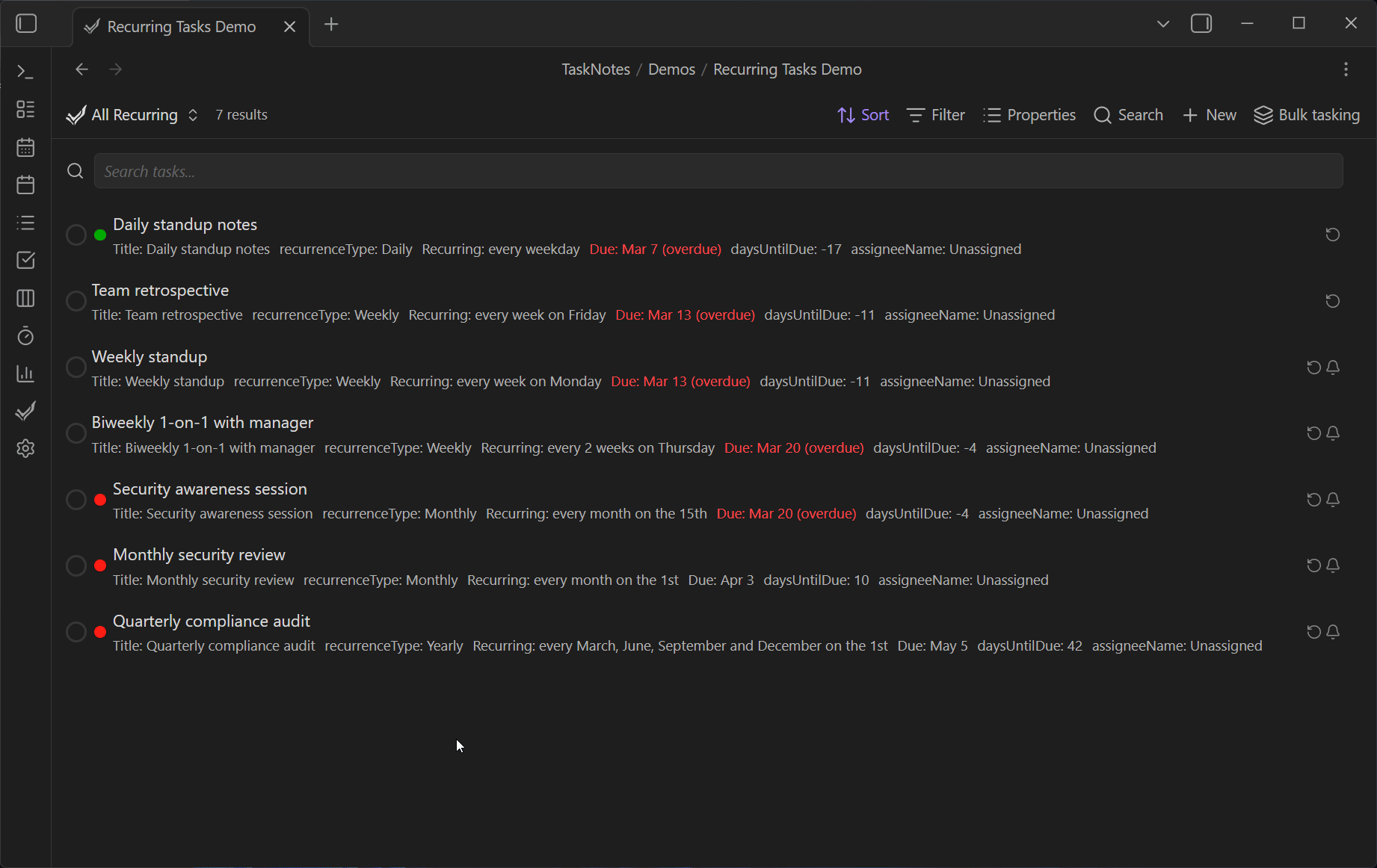 recurring tasks create weekly pattern