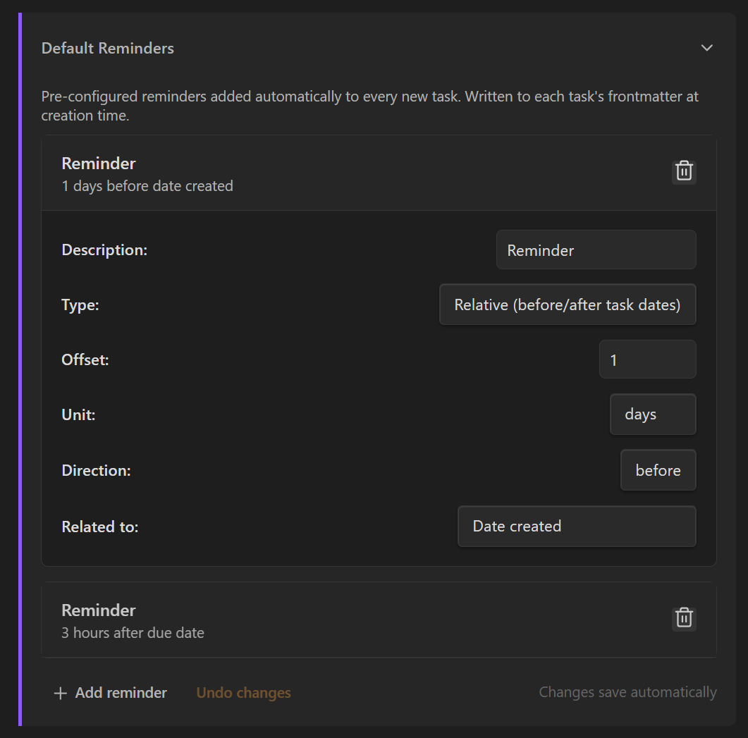 reminders default reminders config panel