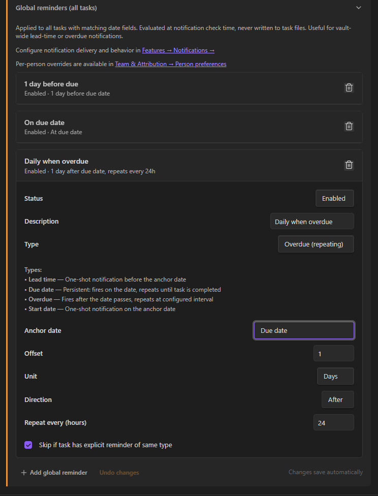 reminders global reminders rules panel