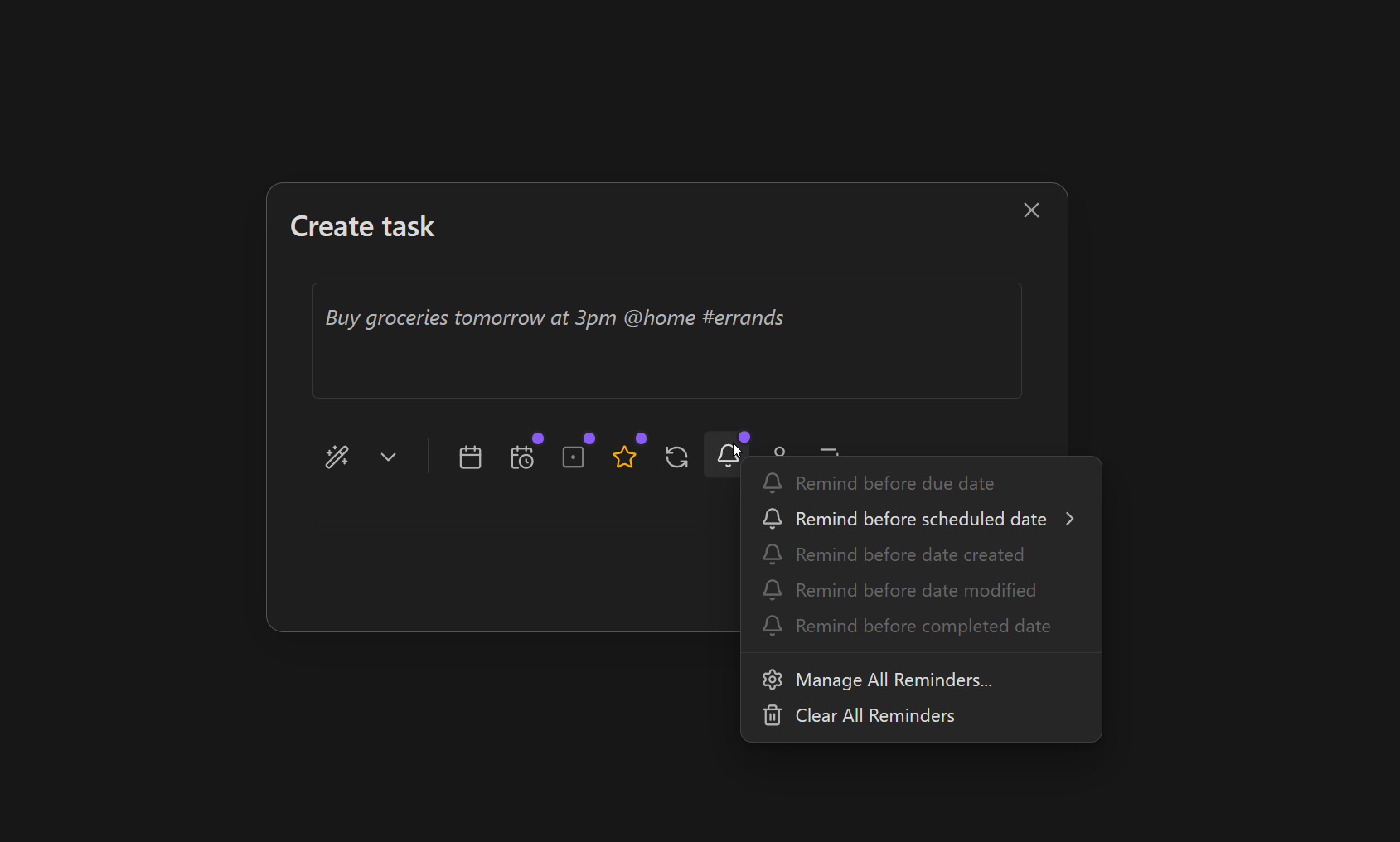 reminders modal per task list