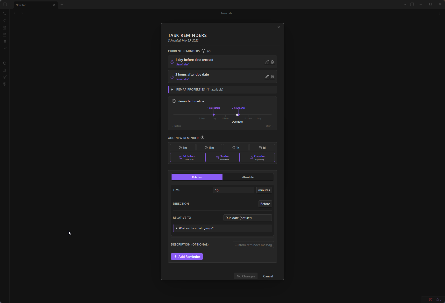 reminders modal timeline view