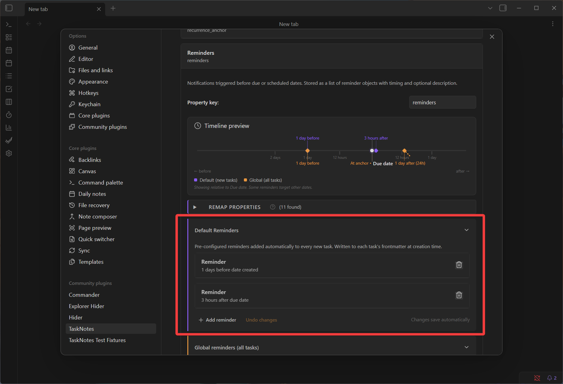 reminders settings default panel