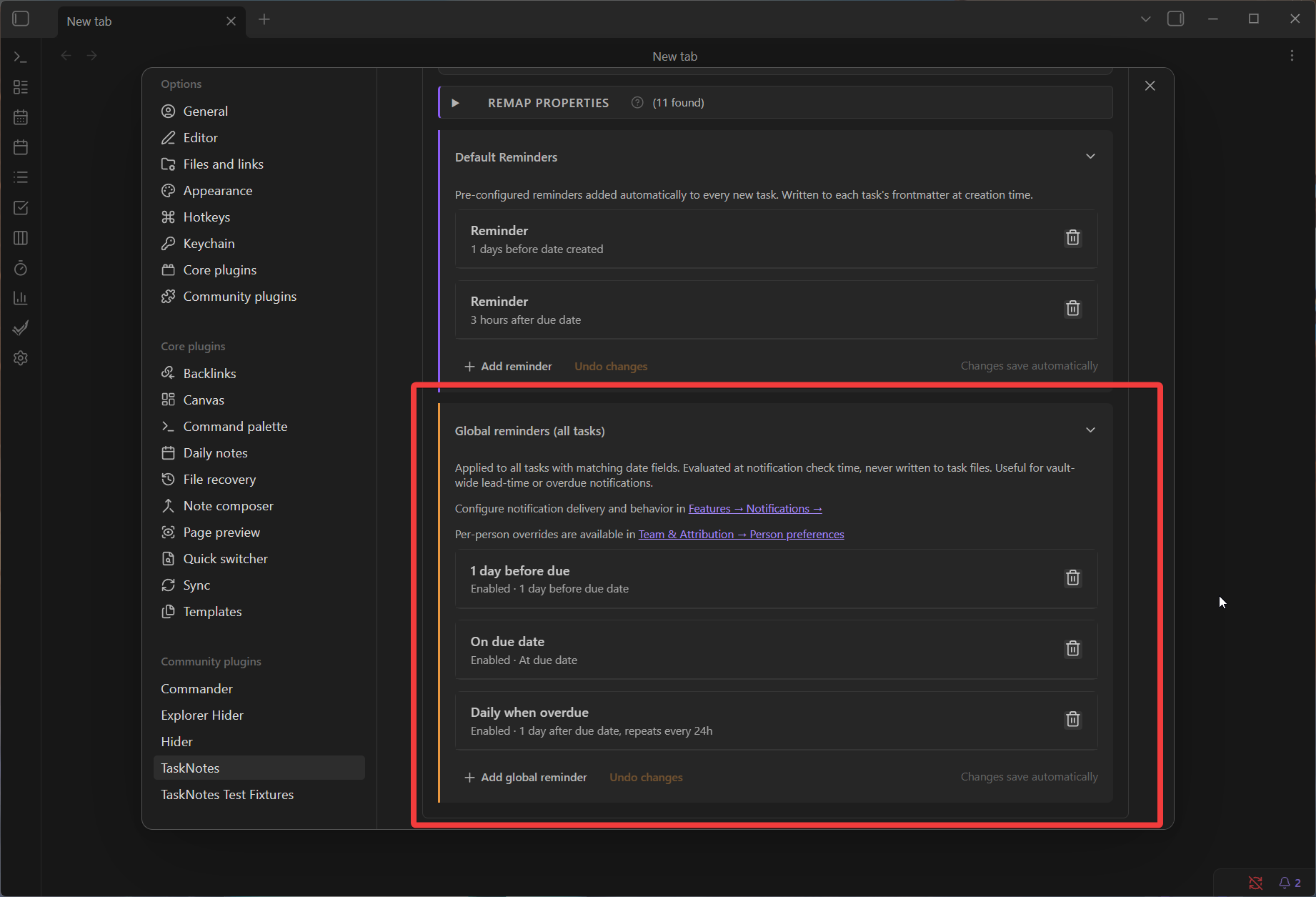 reminders settings global rules