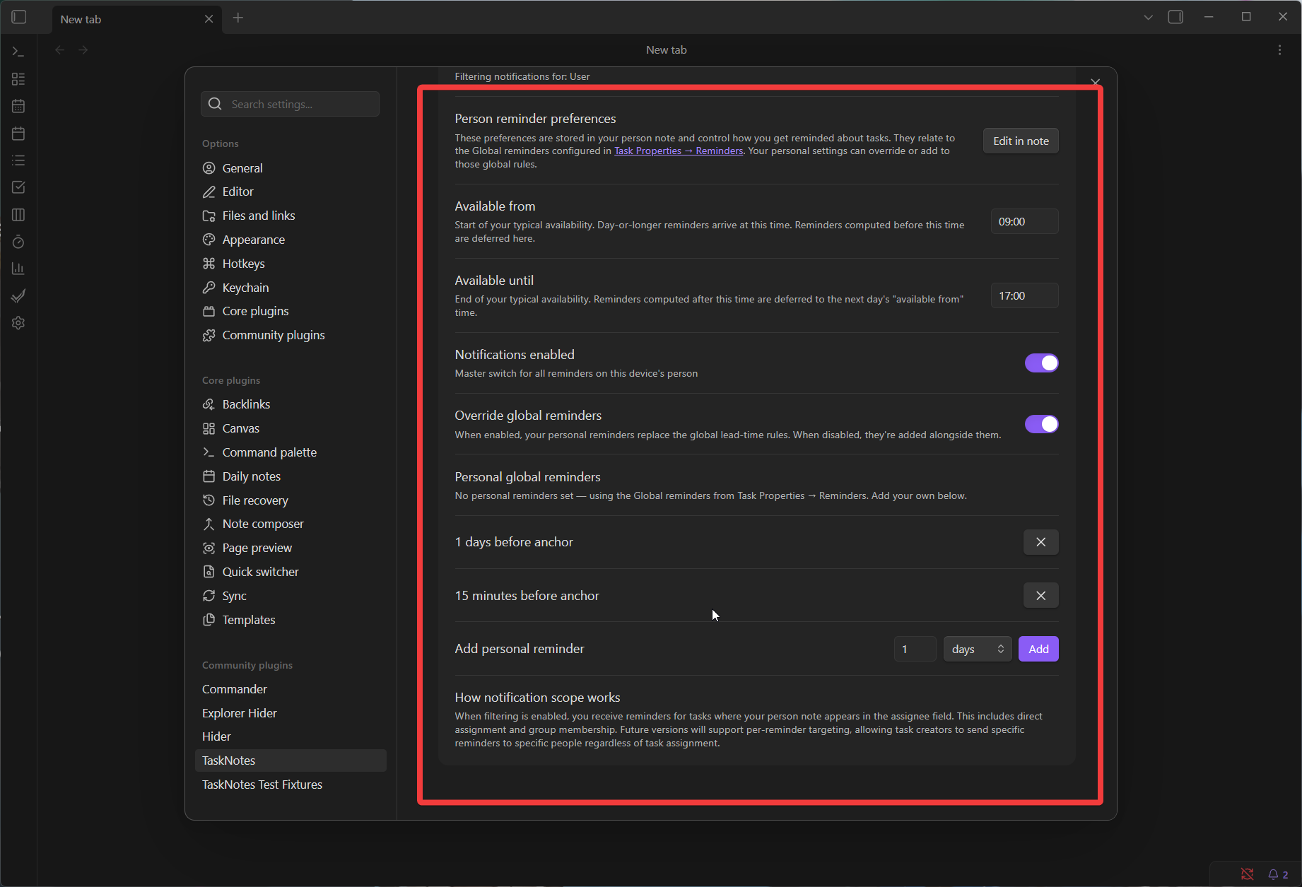reminders settings personal overrides
