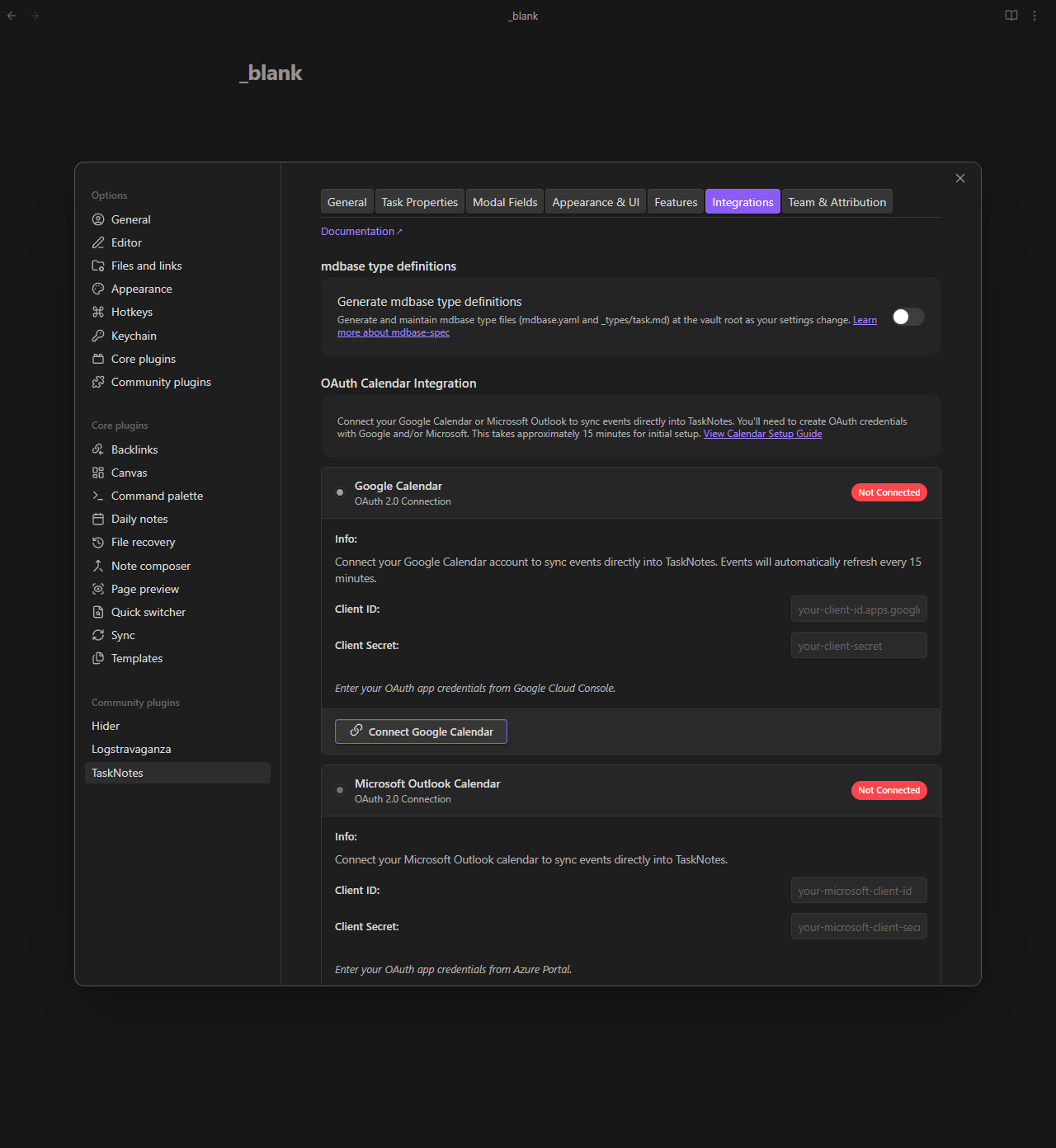 Integrations settings showing calendar OAuth configuration