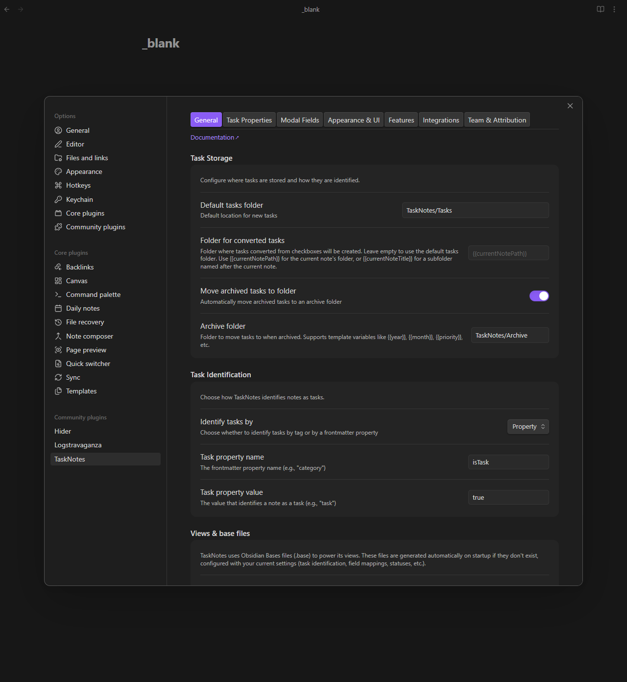 TaskNotes settings panel with tab navigation