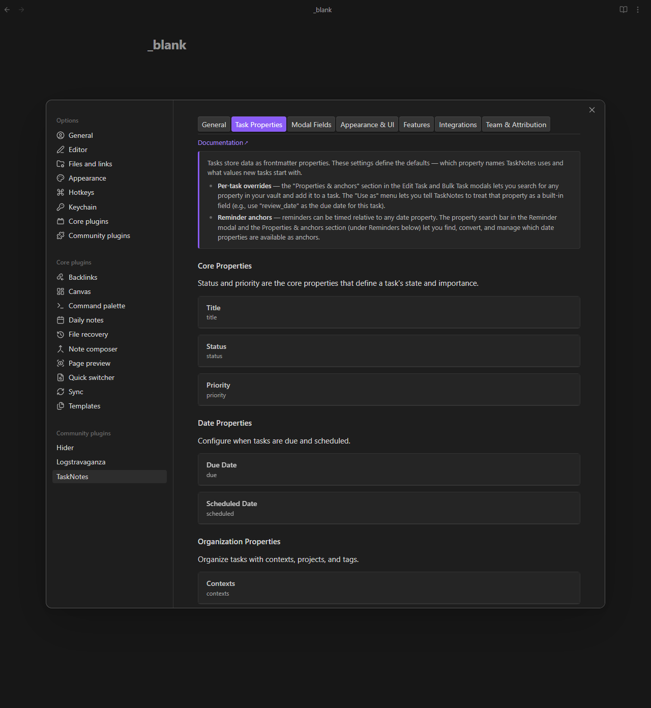Task Properties settings tab