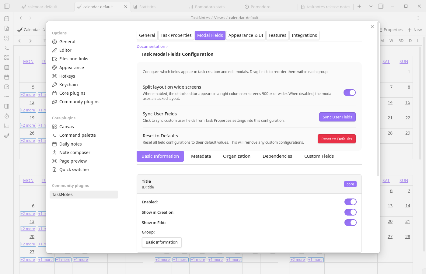 Modal Fields Settings