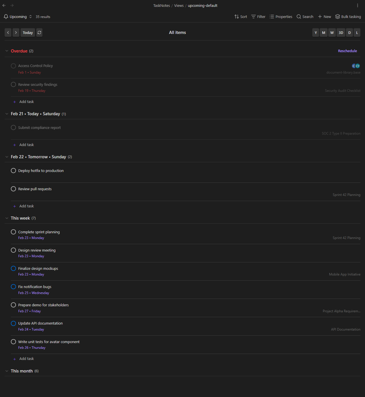 Upcoming view with time-grouped task sections