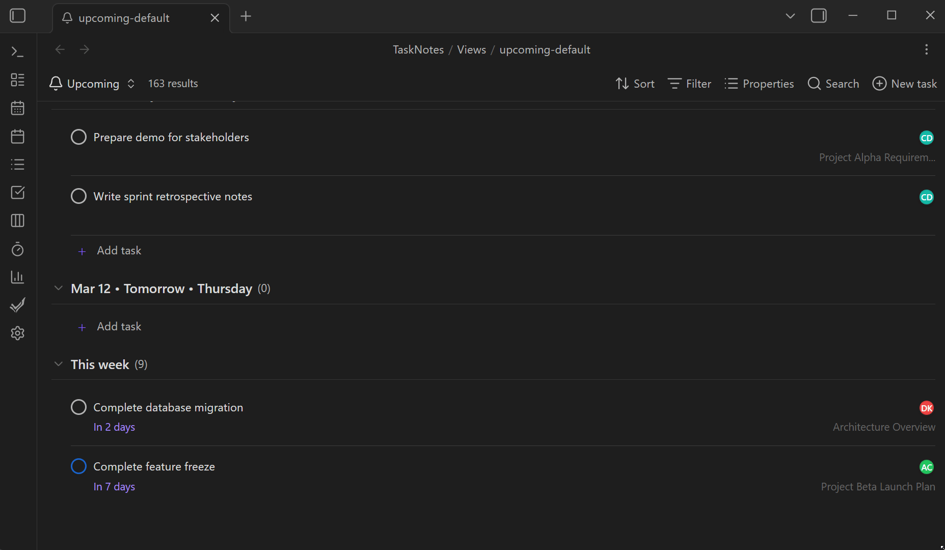 upcoming view add task prefilled date