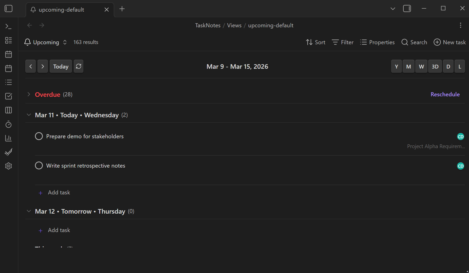 upcoming view scroll time sections